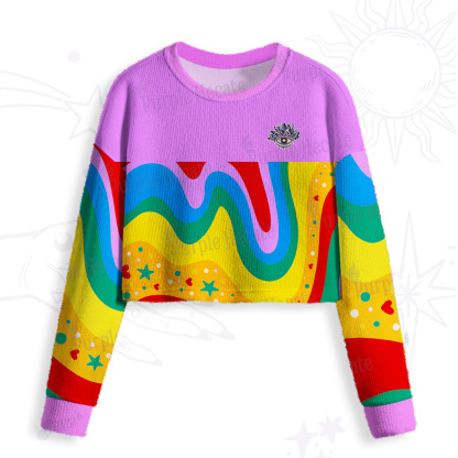 Purplehecate Dreamy Rainbow Waves Crop Fuzzy Ugly Sweatshirt