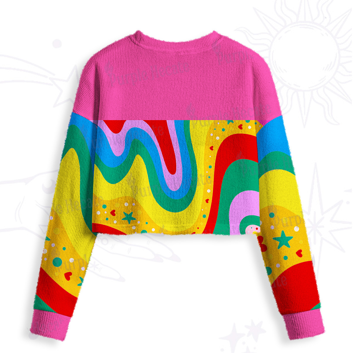 Purplehecate Dreamy Rainbow Waves Crop Fuzzy Ugly Sweatshirt