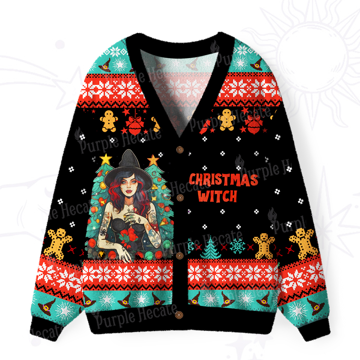 Purplehecate Christmas Witch Ugly Cardigan Sweaters