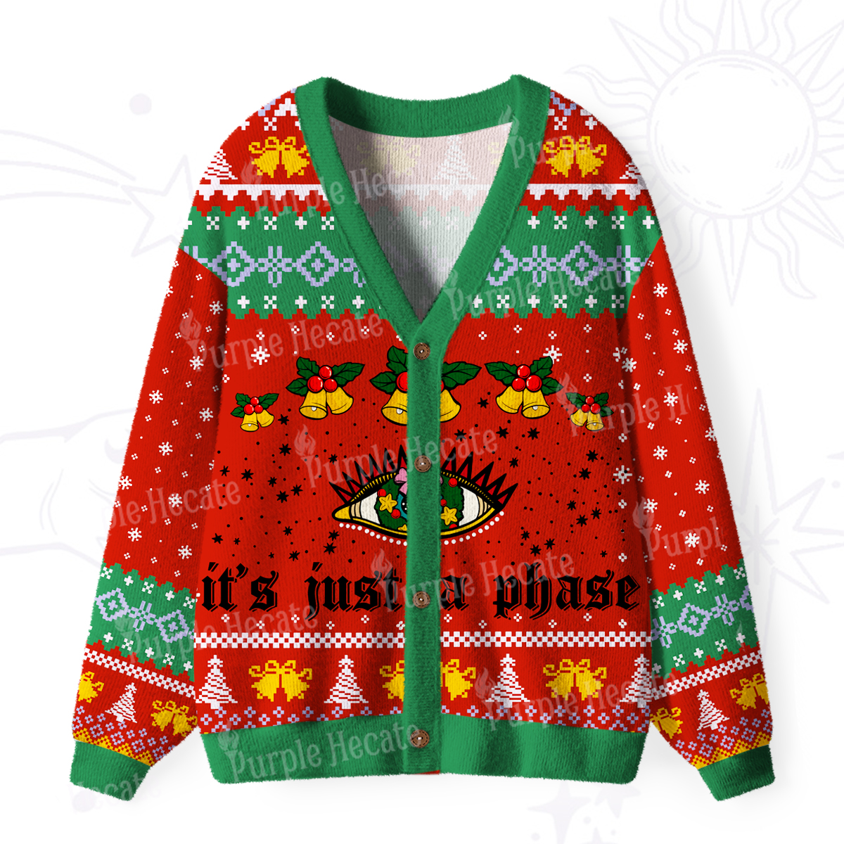 Purplehecate It's Just A Phase Christmas Ugly Cardigan Sweaters