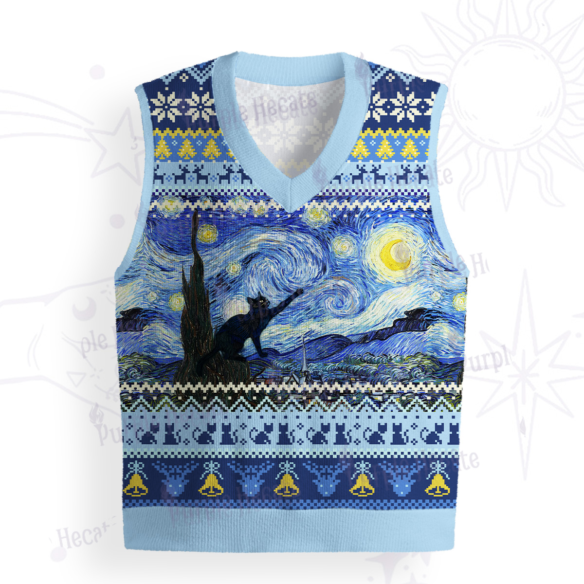 Purplehecate Witch Cat Under the Starry Night Ugly Sweater Vest