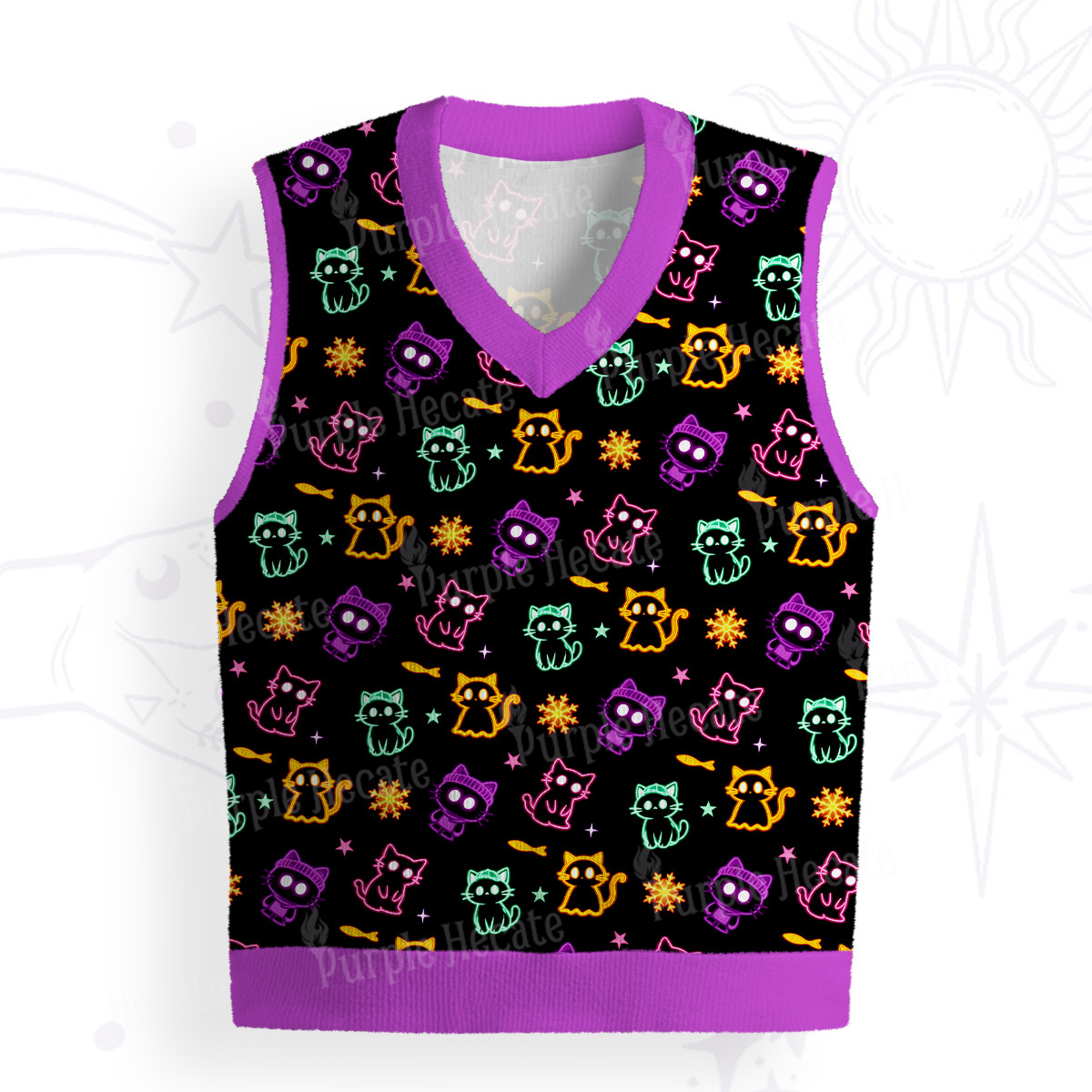 Purplehecate Neon Cat Party Ugly Sweater Vest