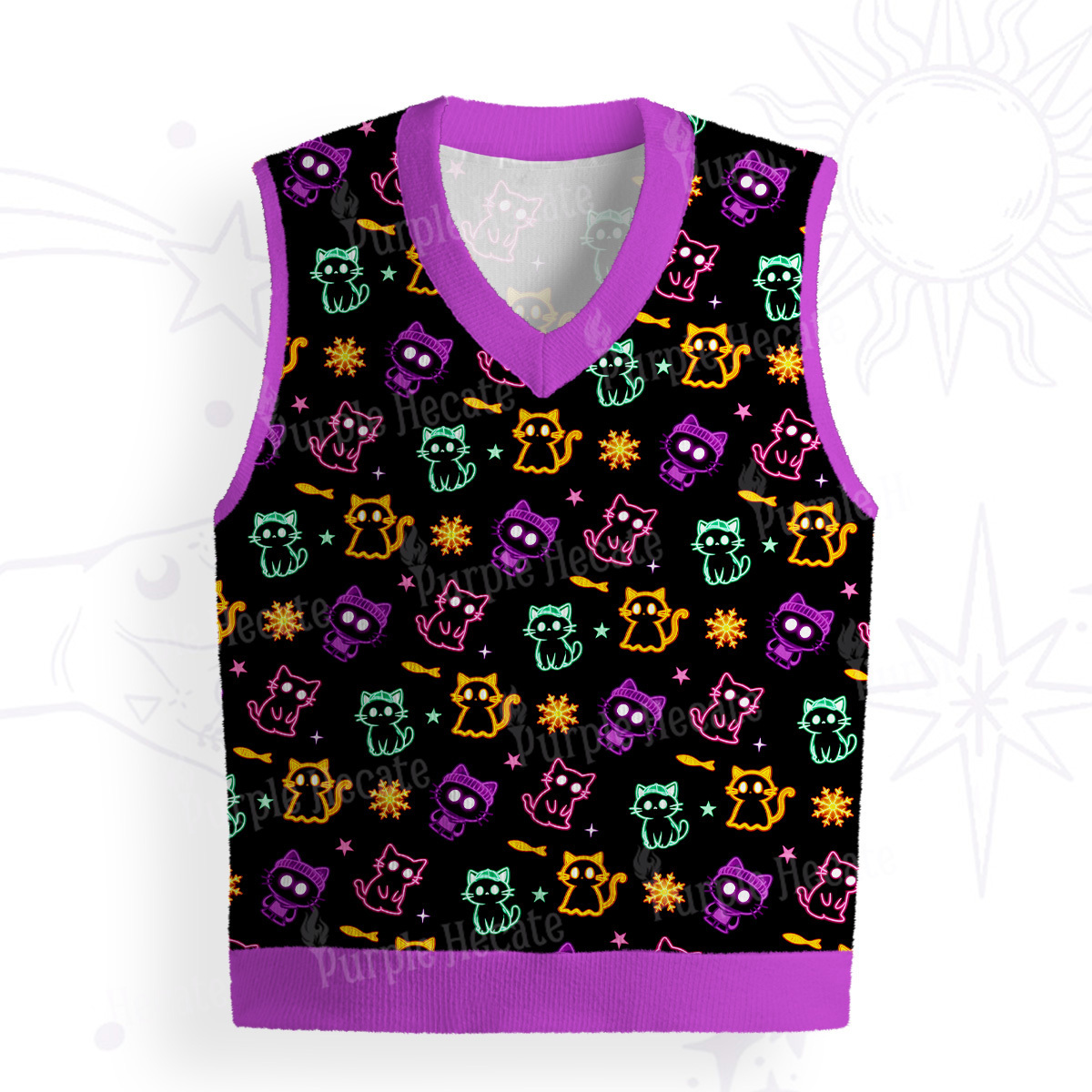 Purplehecate Neon Cat Party Ugly Sweater Vest