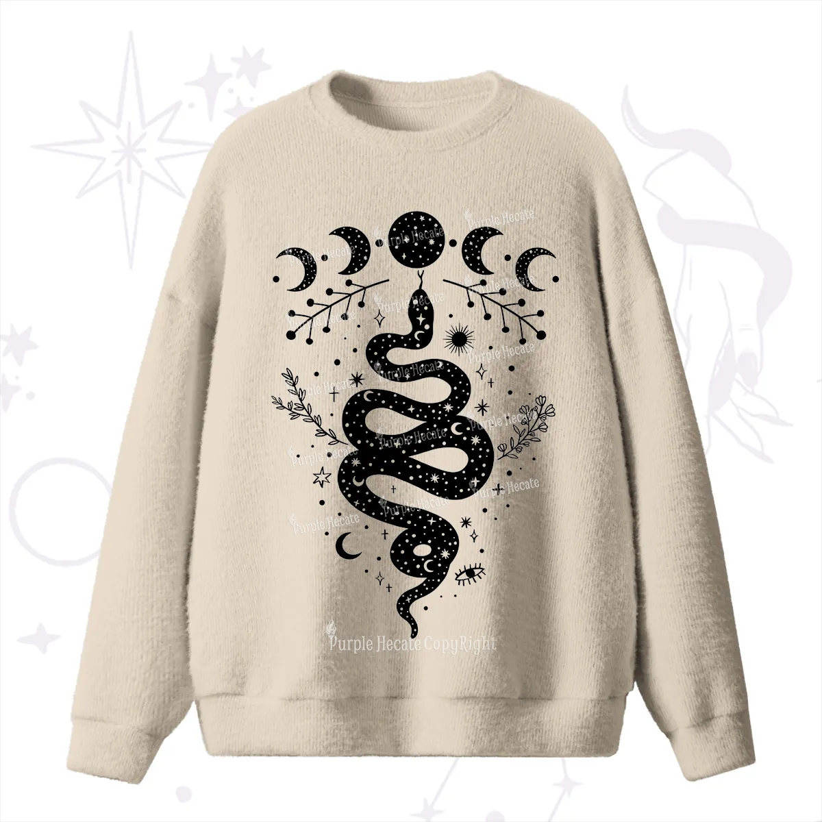 Purplehecate Snake And Moon Phase Comfort Fuzzy Ugly Sweater