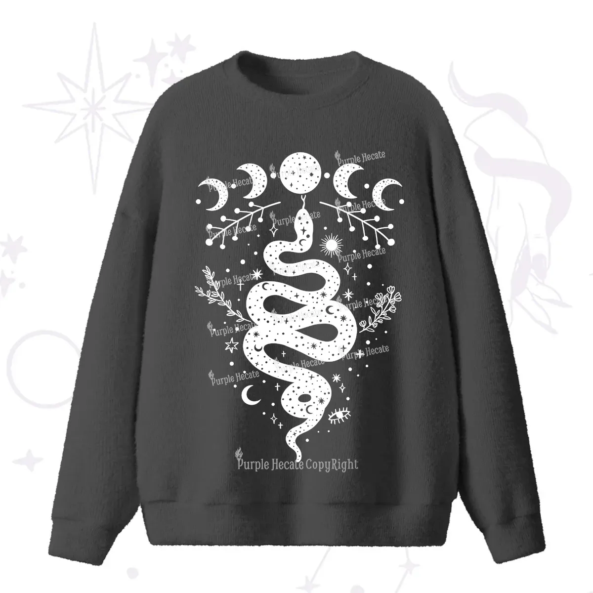 Purplehecate Snake And Moon Phase Comfort Fuzzy Ugly Sweater