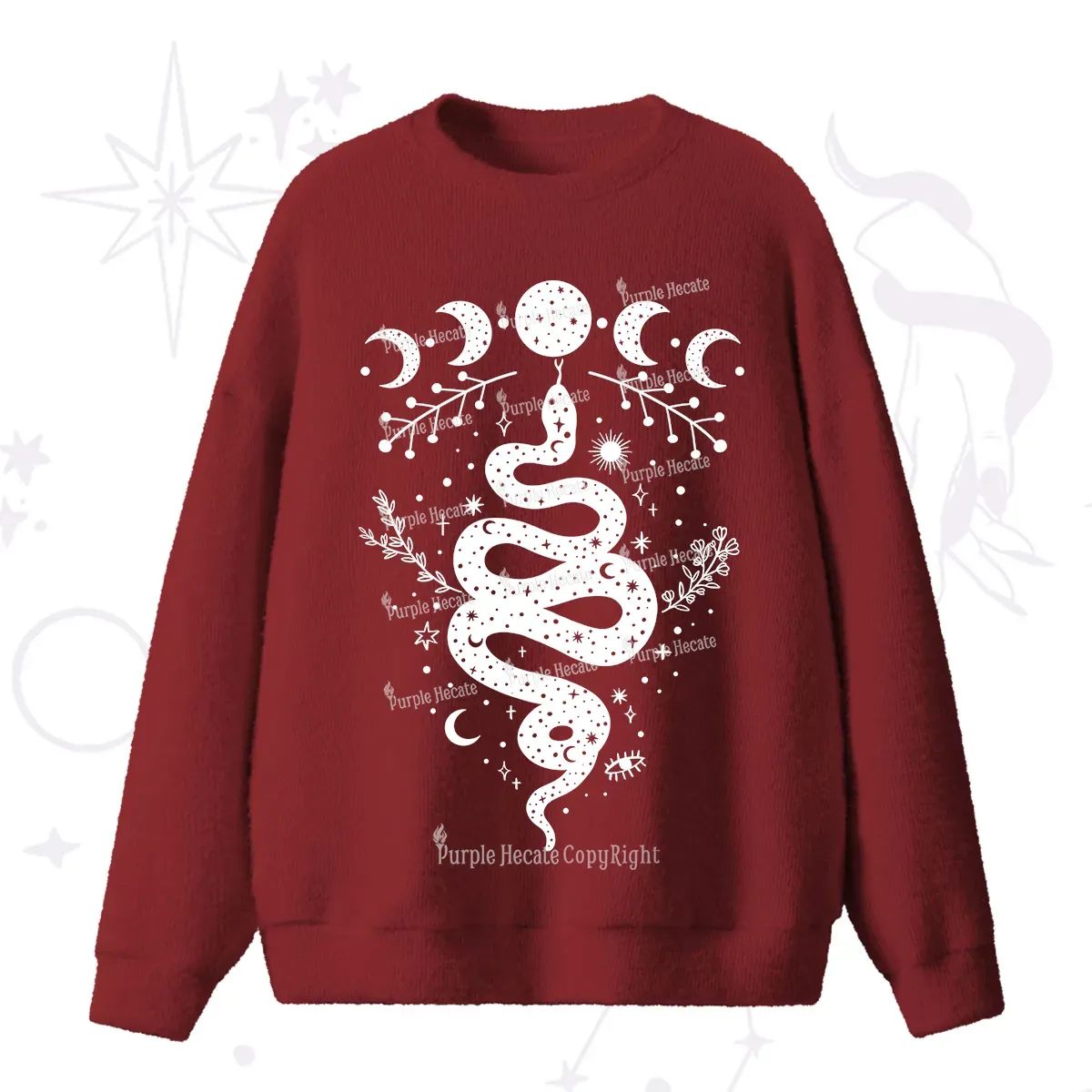 Purplehecate Snake And Moon Phase Comfort Fuzzy Ugly Sweater