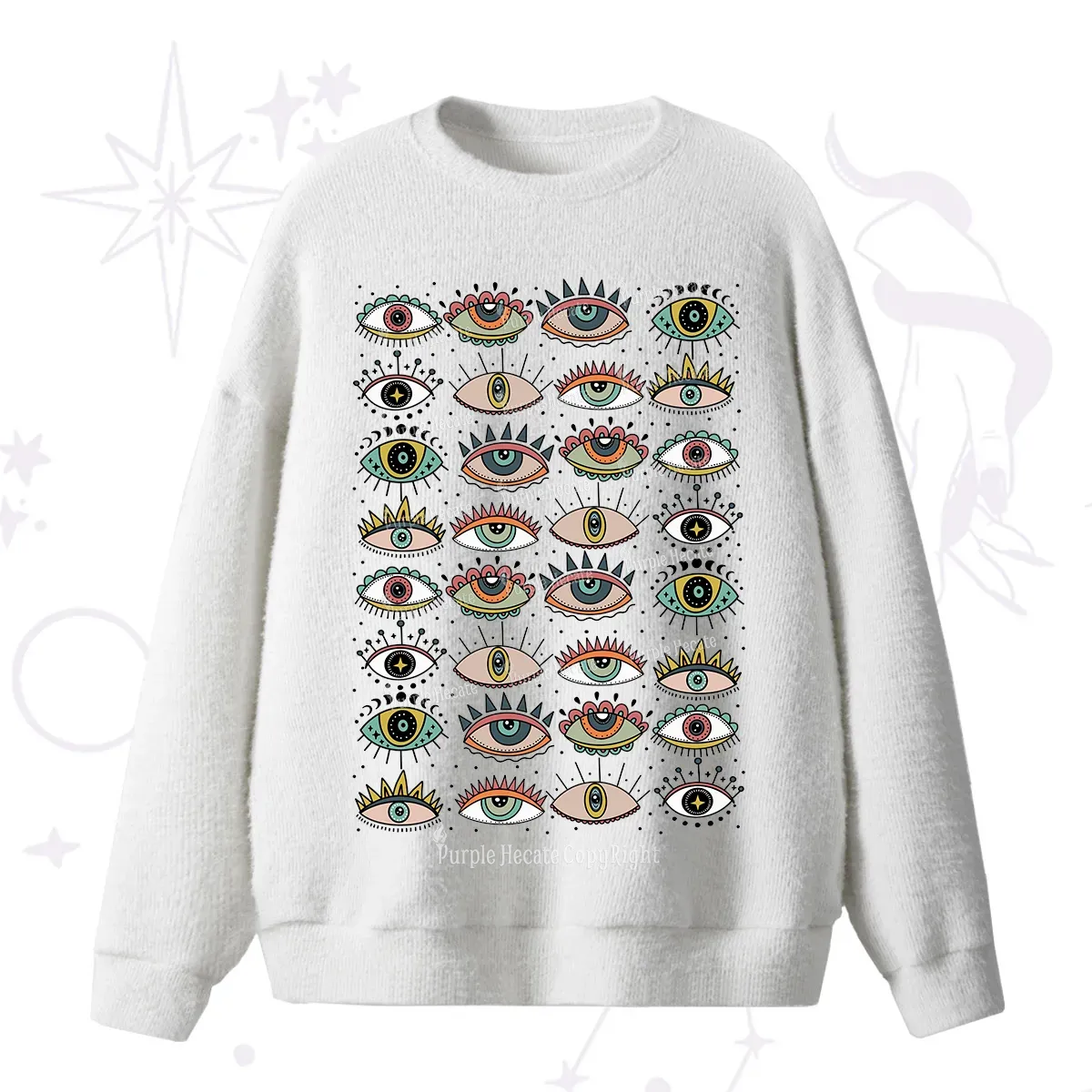 Purplehecate Evil Eye Pattern Fuzzy Ugly Sweater