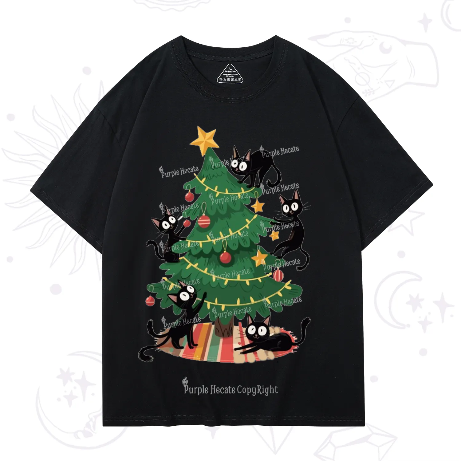 Purplehecate Black Cat in Tree Christmas T-Shirt