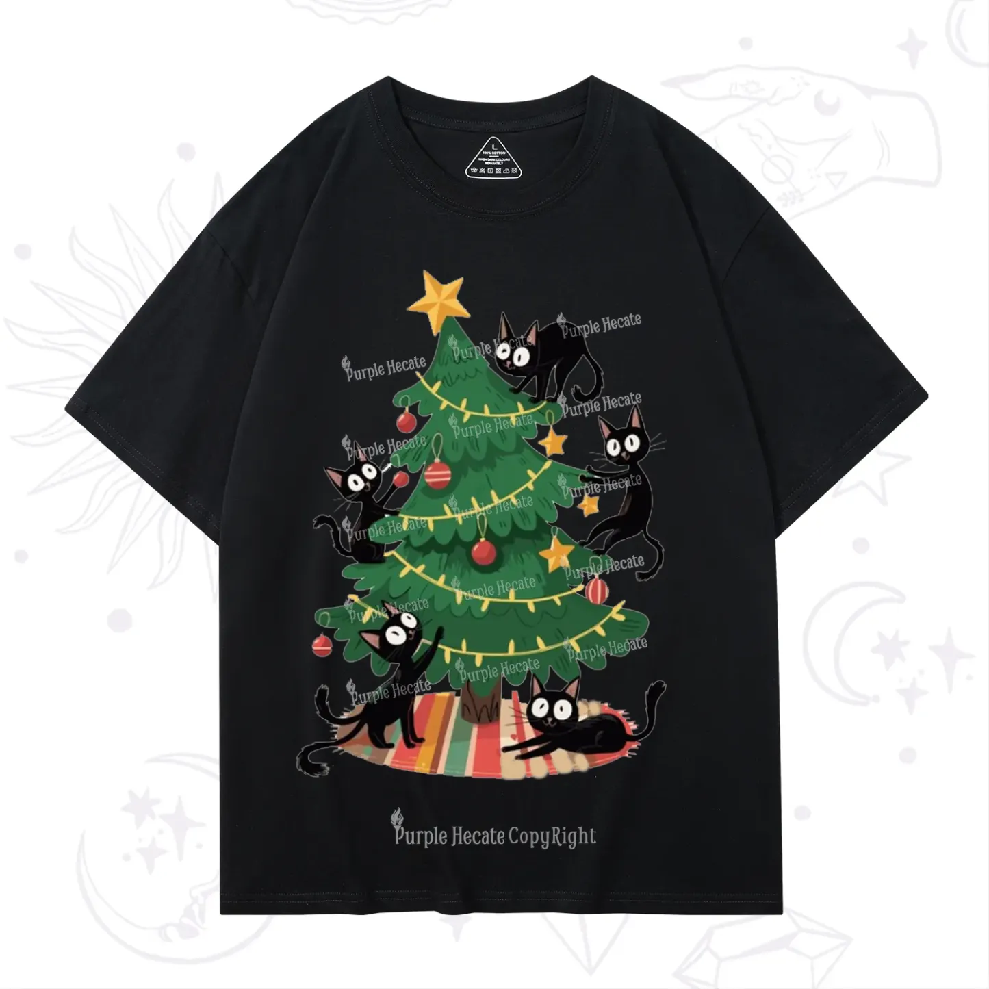 Purplehecate Black Cat in Tree Christmas T-Shirt