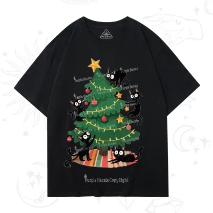 Purplehecate Black Cat in Tree Christmas T-Shirt