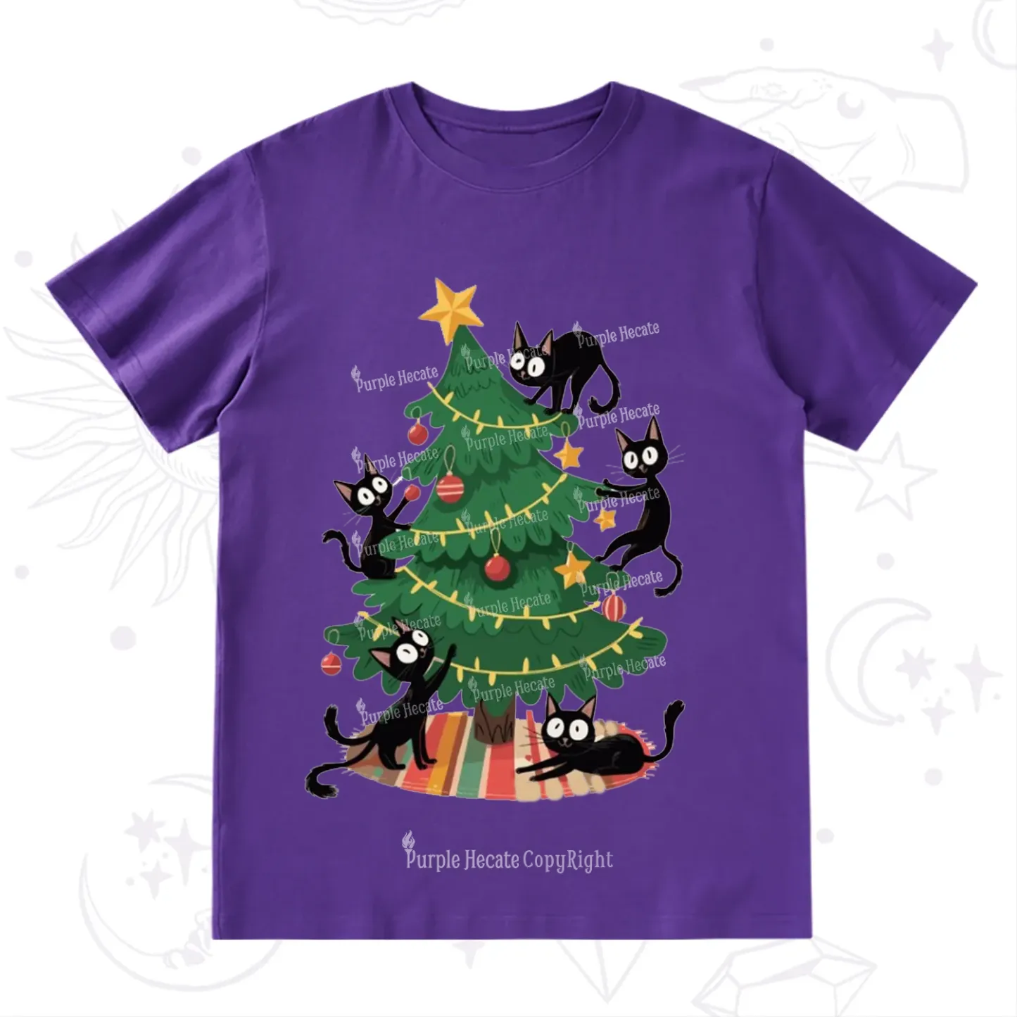 Purplehecate Black Cat in Tree Christmas T-Shirt