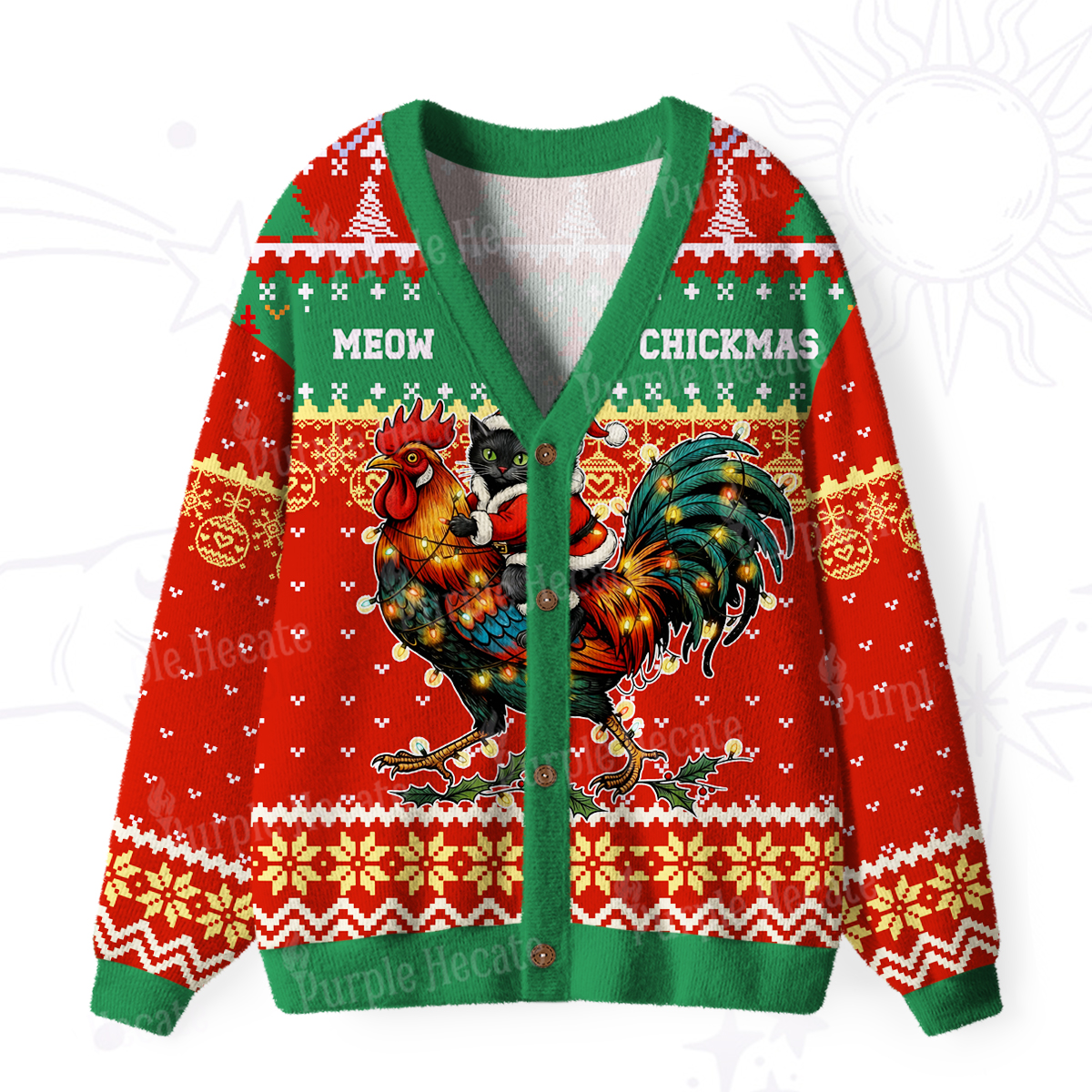 Purplehecate Meowy Chickenmas Ugly Cardigan Sweaters