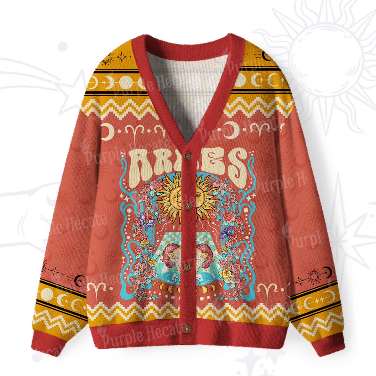 Purplehecate Aries Spirit Zodiac Ugly Cardigan Sweaters
