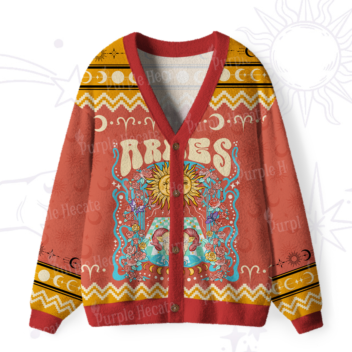 Purplehecate Aries Spirit Zodiac Ugly Cardigan Sweaters