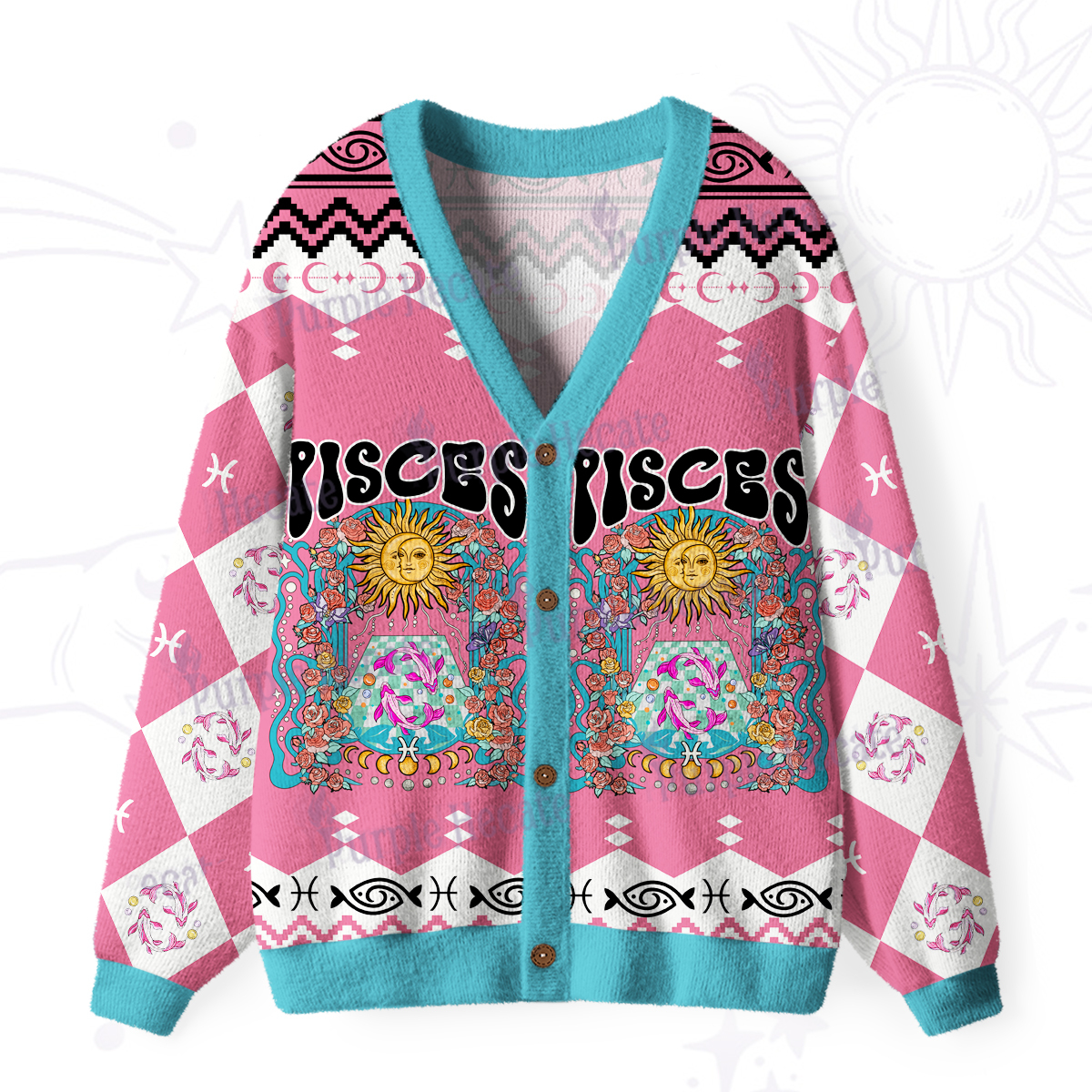 Purplehecate Pisces Spirit Zodiac Ugly Cardigan Sweaters