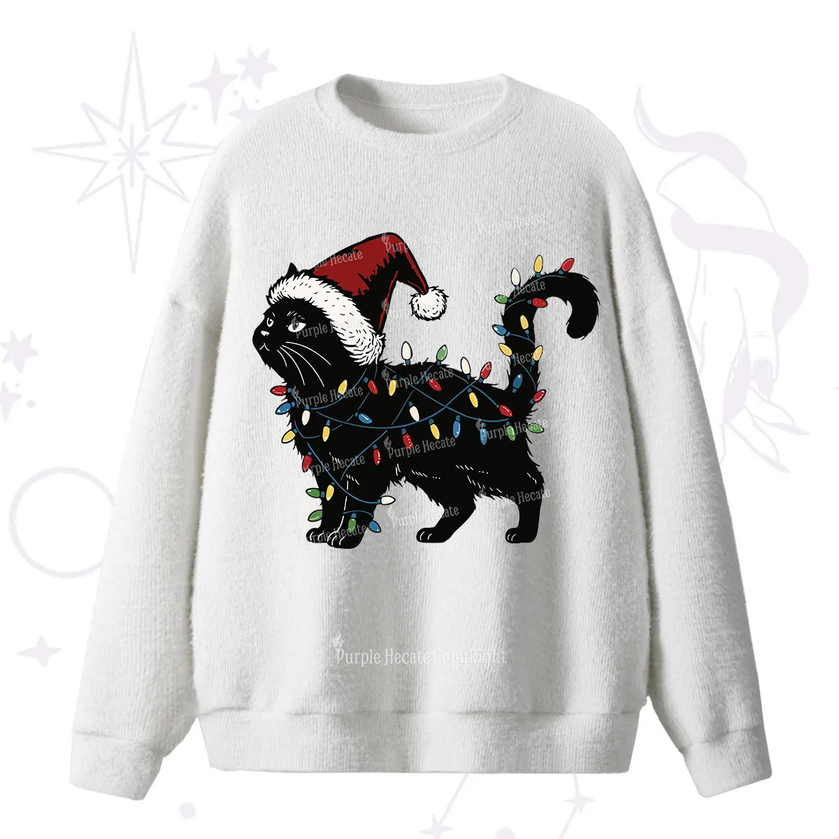 Purplehecate Cute Cat Christmas Fuzzy Sweater