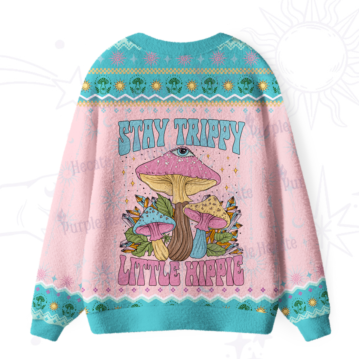 Purplehecate Stay Trippy Little Hippie Mushroom Ugly Cardigan Sweaters