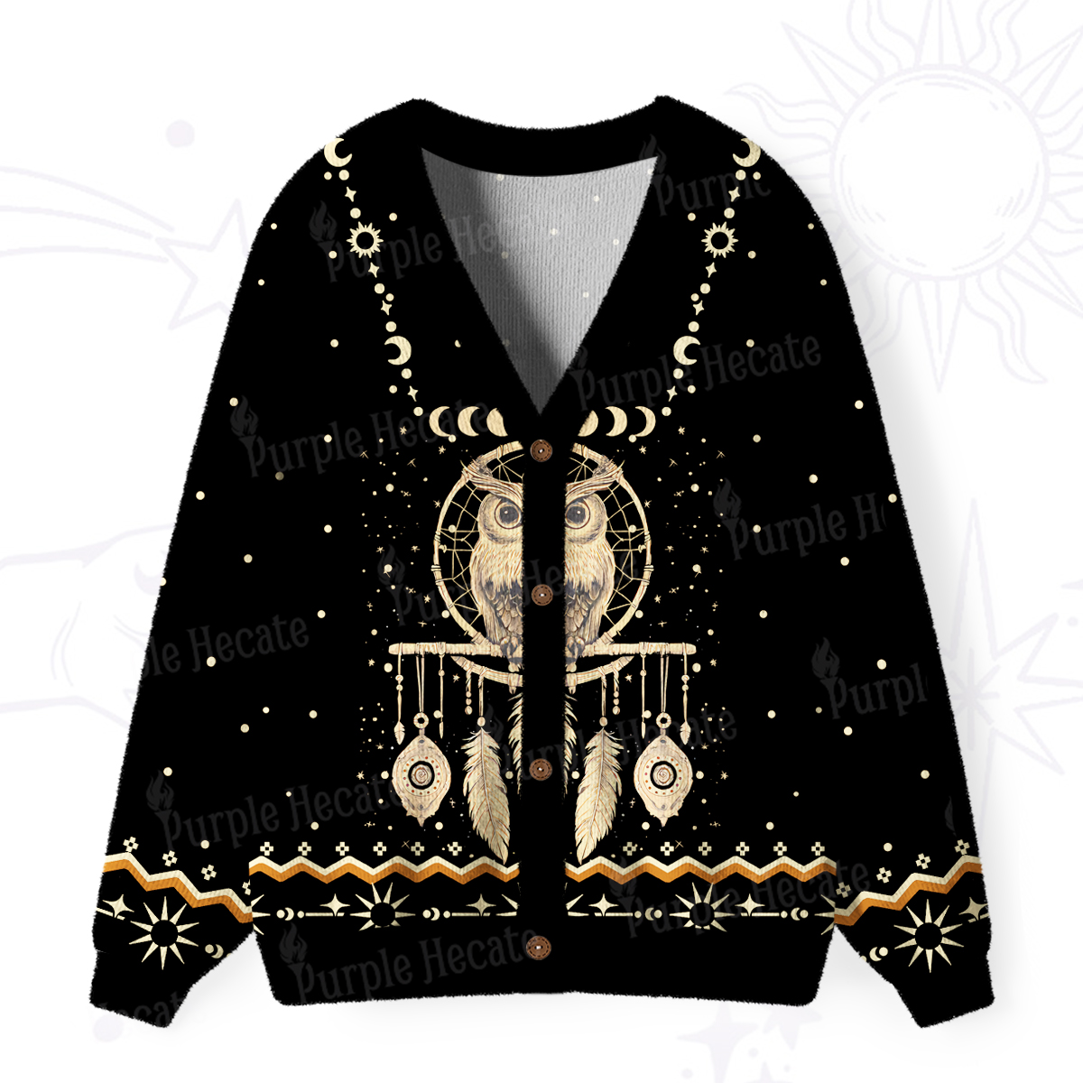 Purplehecate Luna Owl Dream Catcher Ugly Cardigan Sweaters