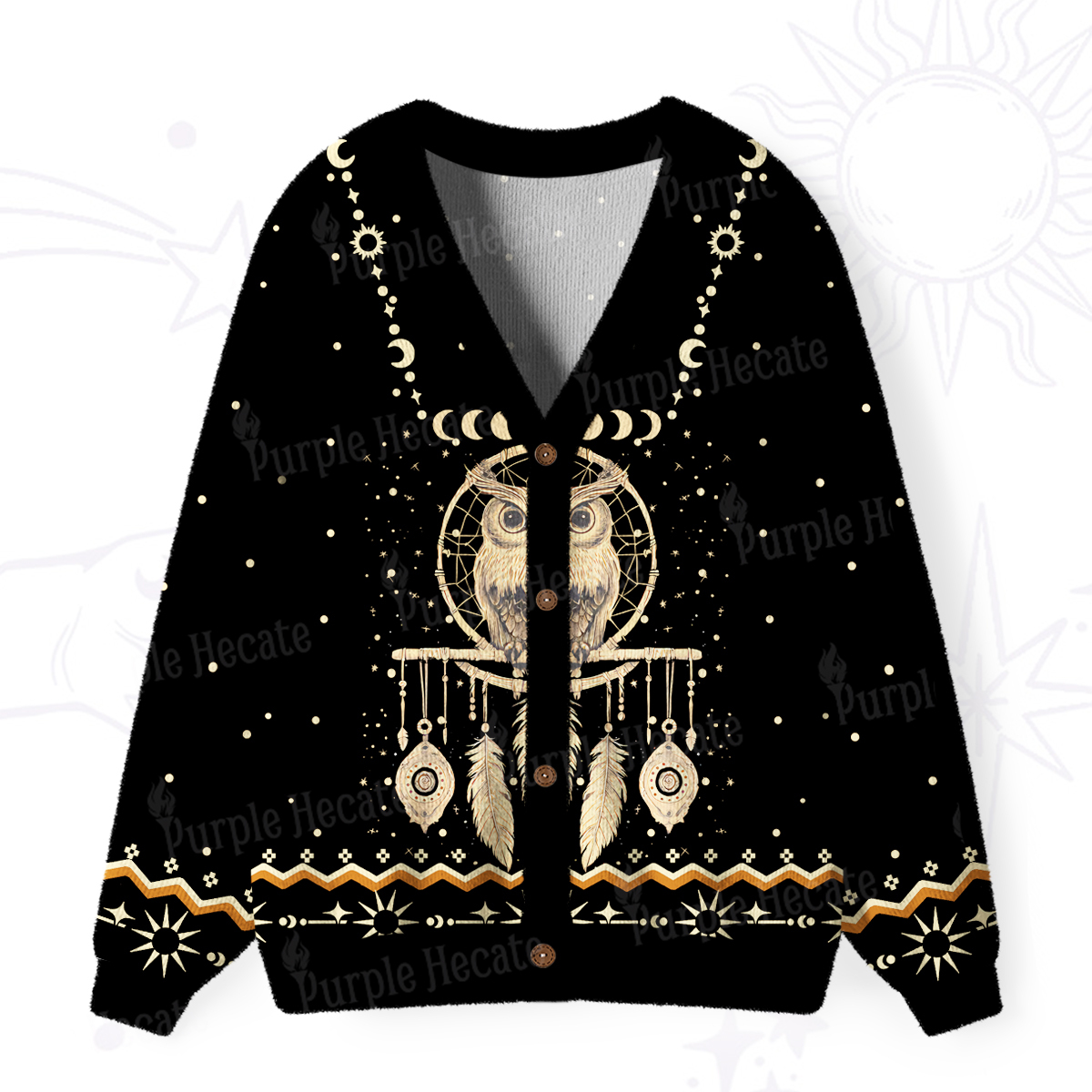 Purplehecate Luna Owl Dream Catcher Ugly Cardigan Sweaters