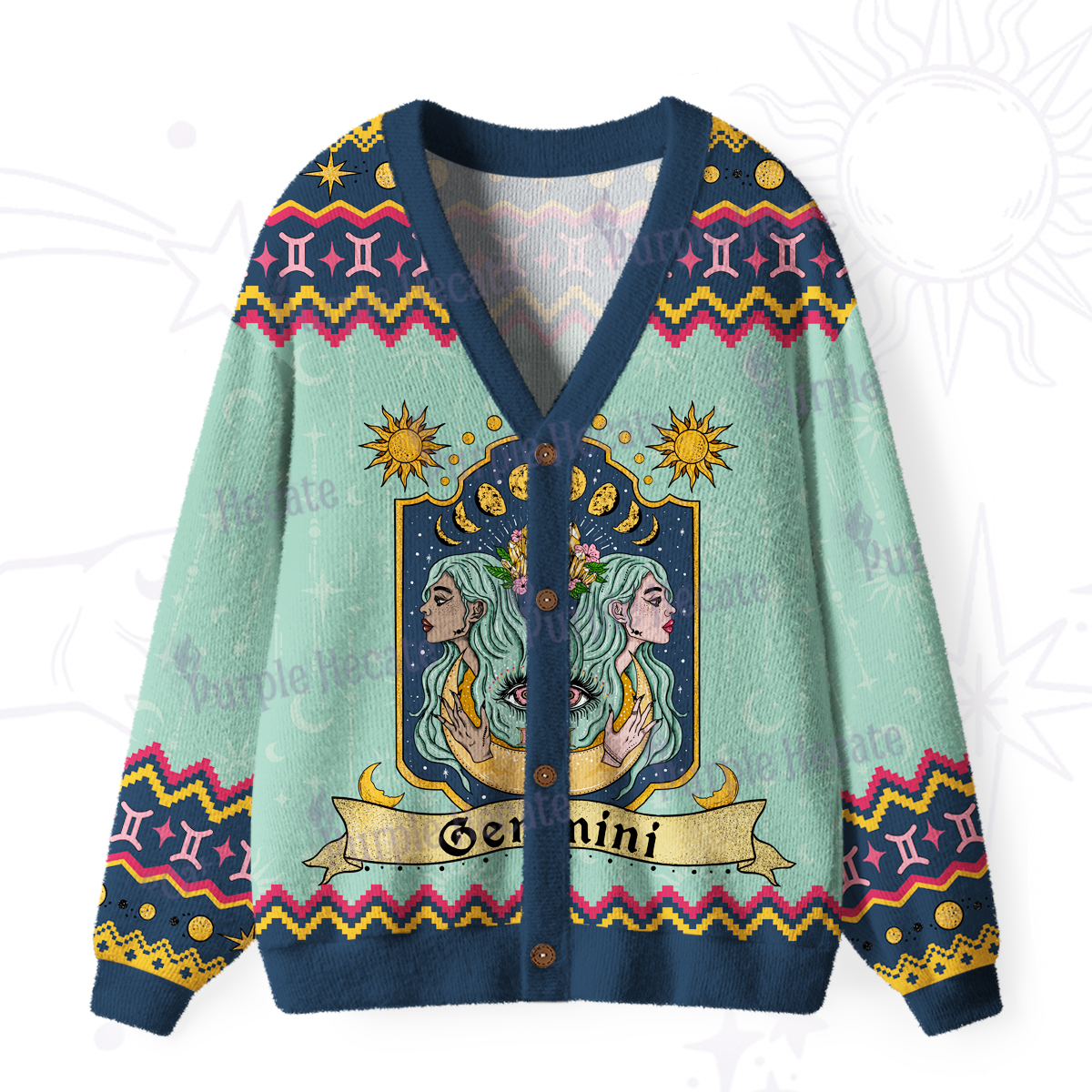 Purplehecate Gemini Zodiac Ugly Cardigan Sweaters