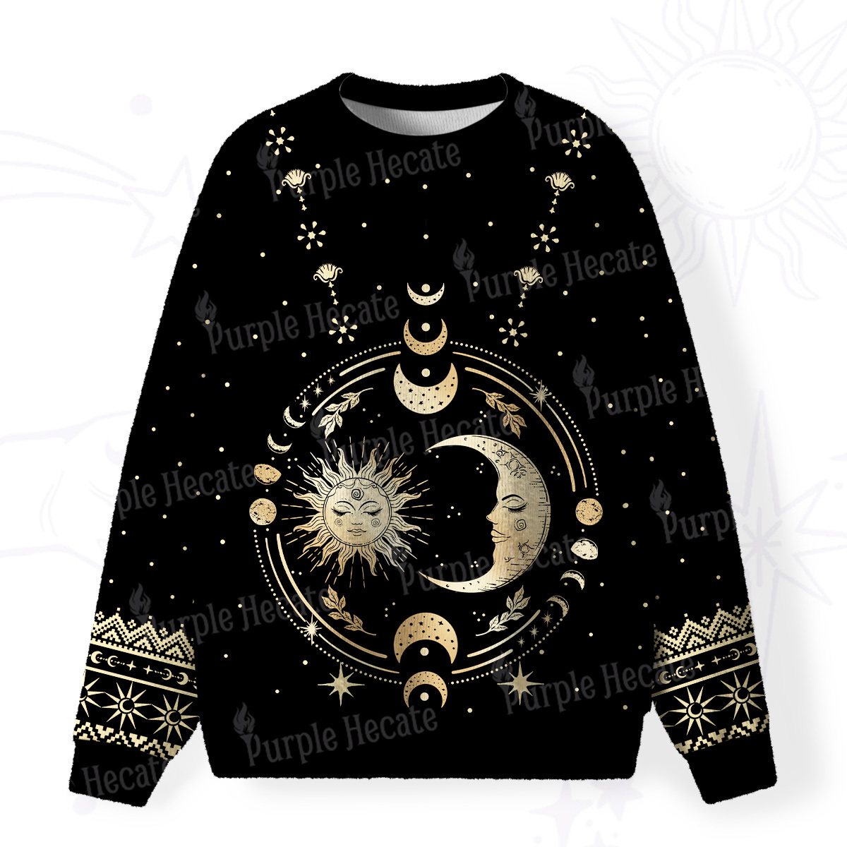 Purplehecate Celestial Sun and Moon Fuzzy Ugly Christmas Sweatshirt