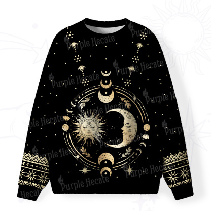 Purplehecate Celestial Sun and Moon Fuzzy Ugly Christmas Sweatshirt