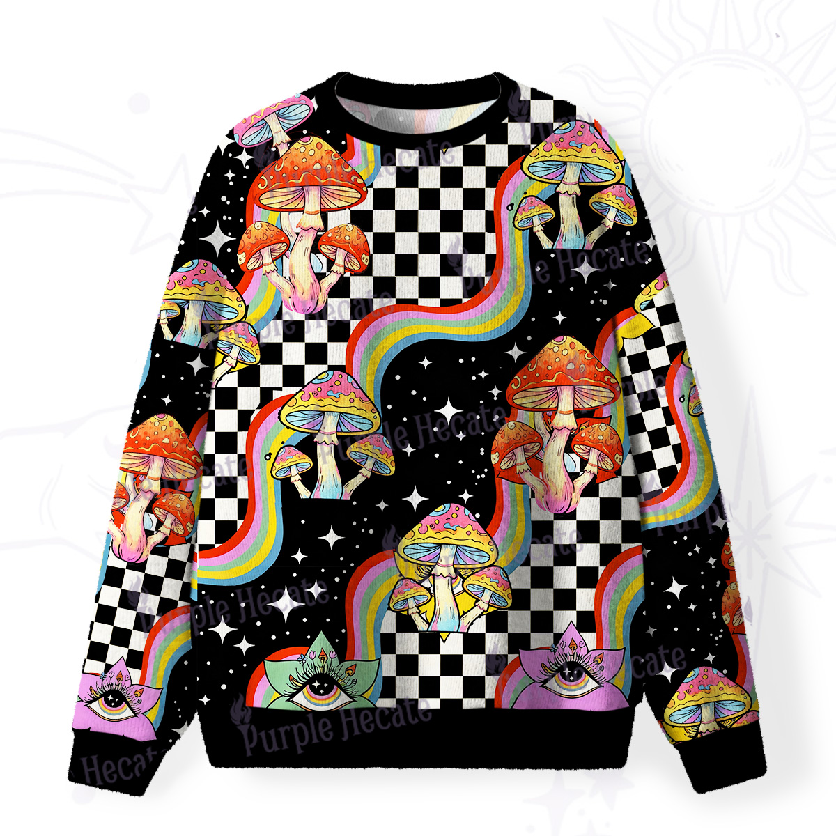 Purplehecate Trippy Rainbow Mushrooms Fuzzy Ugly Christmas Sweatshirt