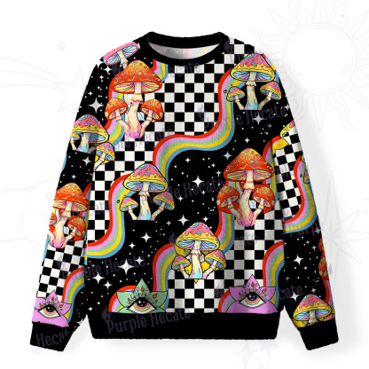 Purplehecate Trippy Rainbow Mushrooms Fuzzy Ugly Christmas Sweatshirt