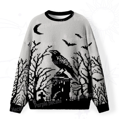 Purplehecate Ravens Over the Spooky Graveyard Fuzzy Ugly Christmas Sweatshirt