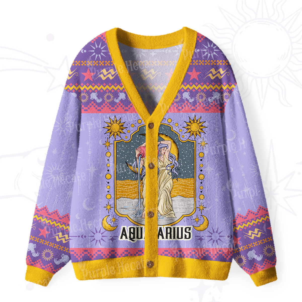 Purplehecate Aquarius Zodiac Ugly Cardigan Sweaters
