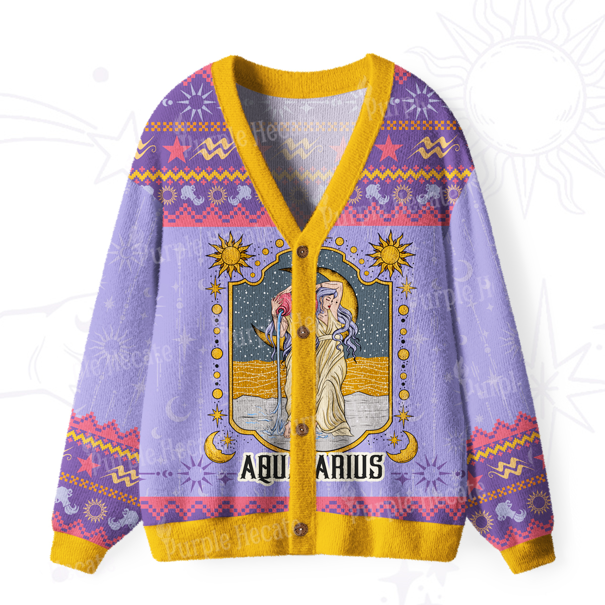 Purplehecate Aquarius Zodiac Ugly Cardigan Sweaters