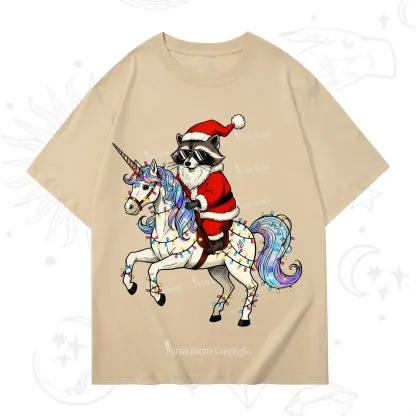 Purplehecate Santa Raccoon Riding Unicorn Tee Christmas T-Shirt