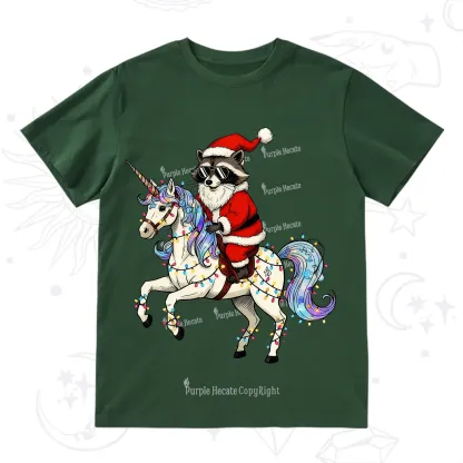 Purplehecate Santa Raccoon Riding Unicorn Tee Christmas T-Shirt