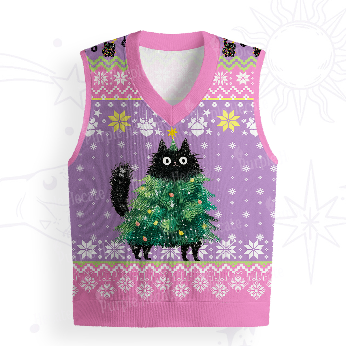 Purplehecate Funny Black Cat in Tree Ugly Sweater Vest