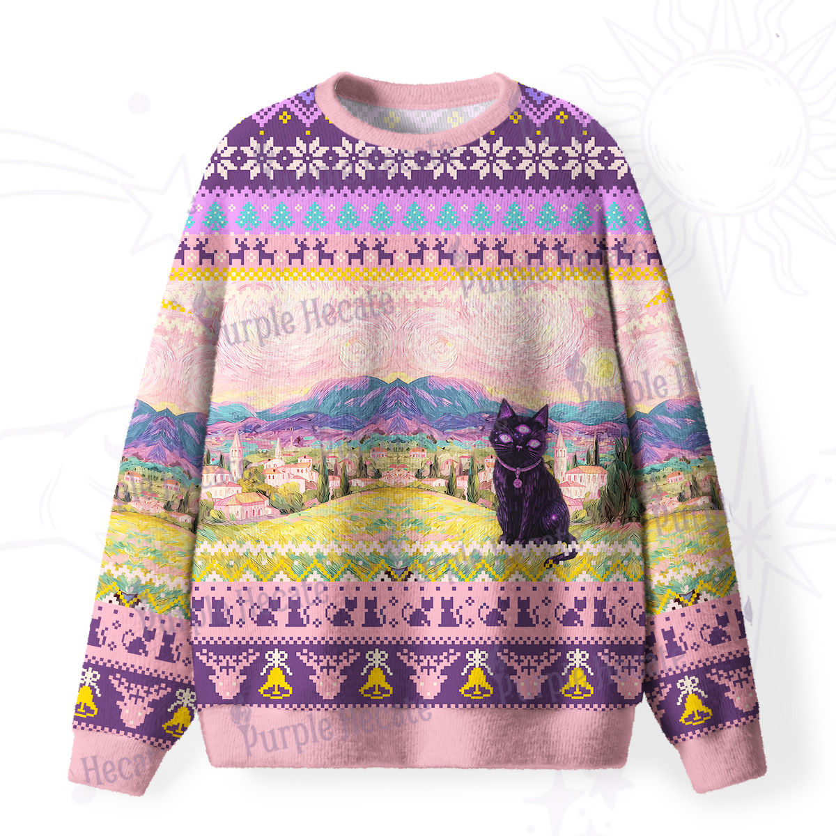 Purplehecate Garden Guardian Black Cat Fuzzy Ugly Christmas Sweatshirt