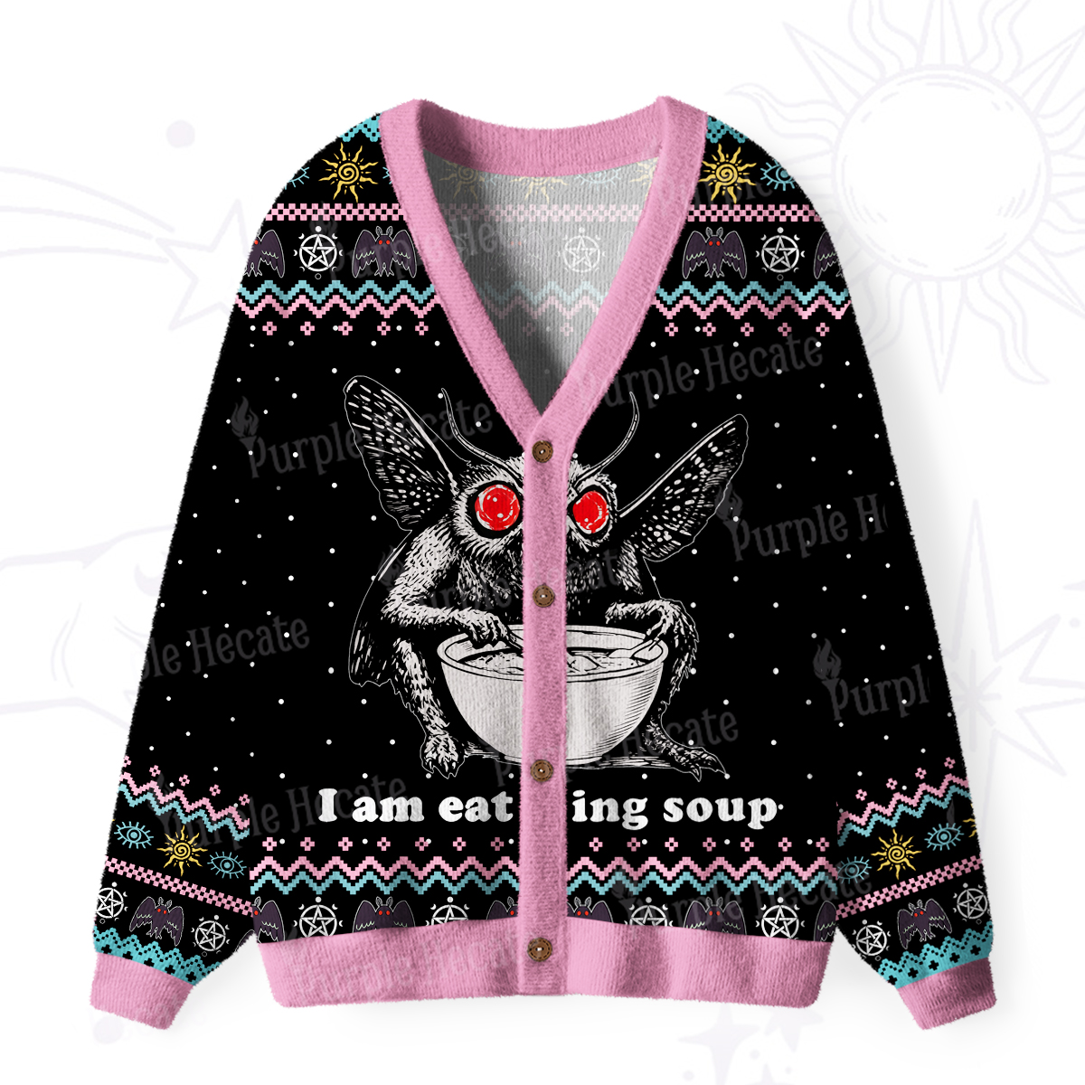 Purplehecate Mothman Eating Soup Ugly Cardigan Sweaters