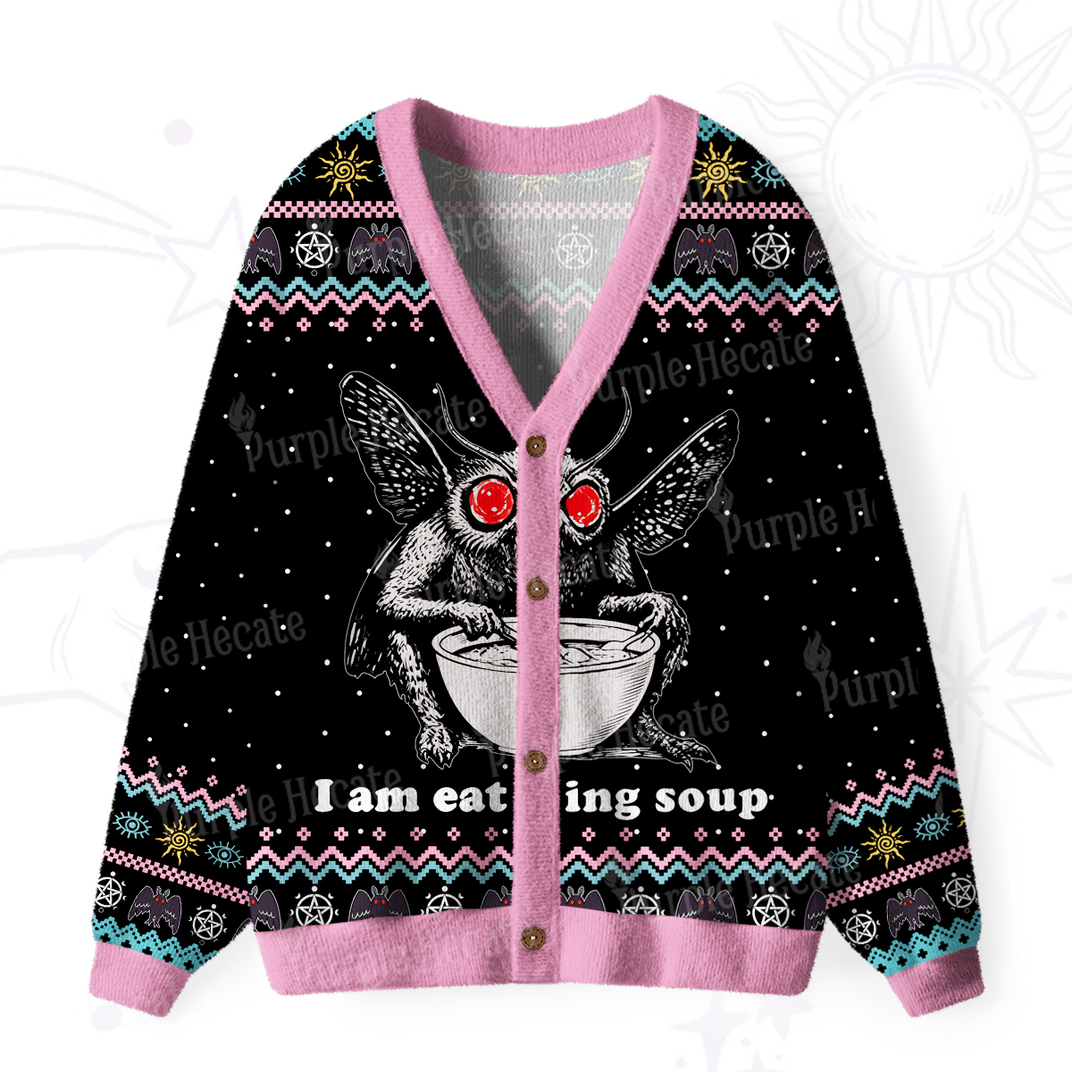 Purplehecate Mothman Eating Soup Ugly Cardigan Sweaters