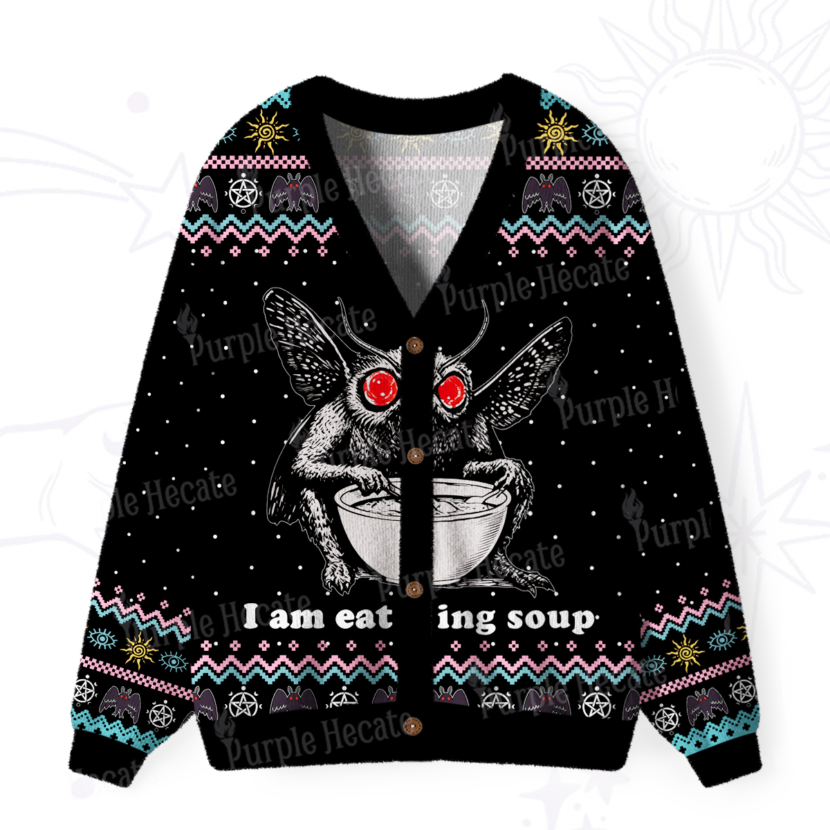 Purplehecate Mothman Eating Soup Ugly Cardigan Sweaters