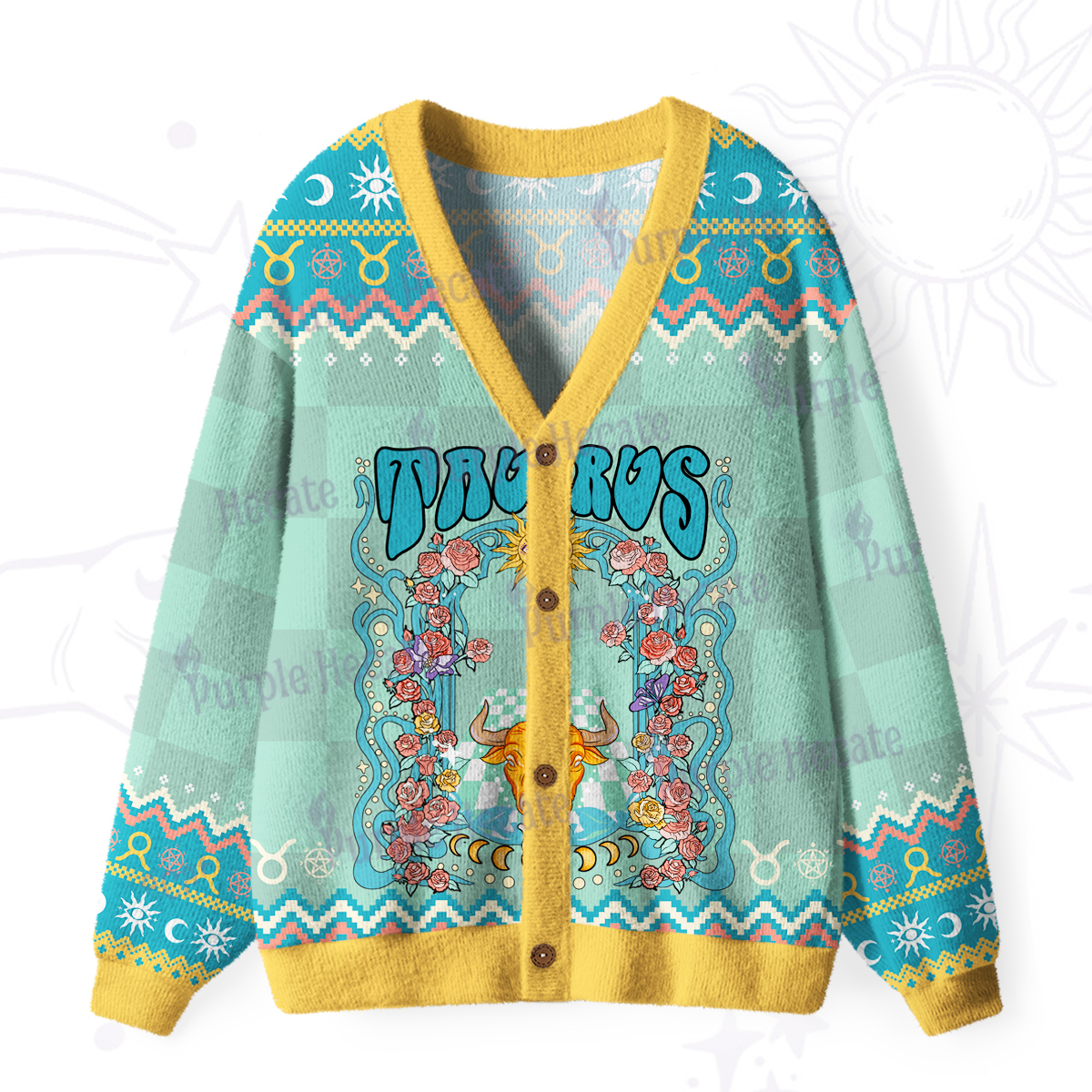 Purplehecate Taurus Spirit Zodiac Ugly Cardigan Sweaters