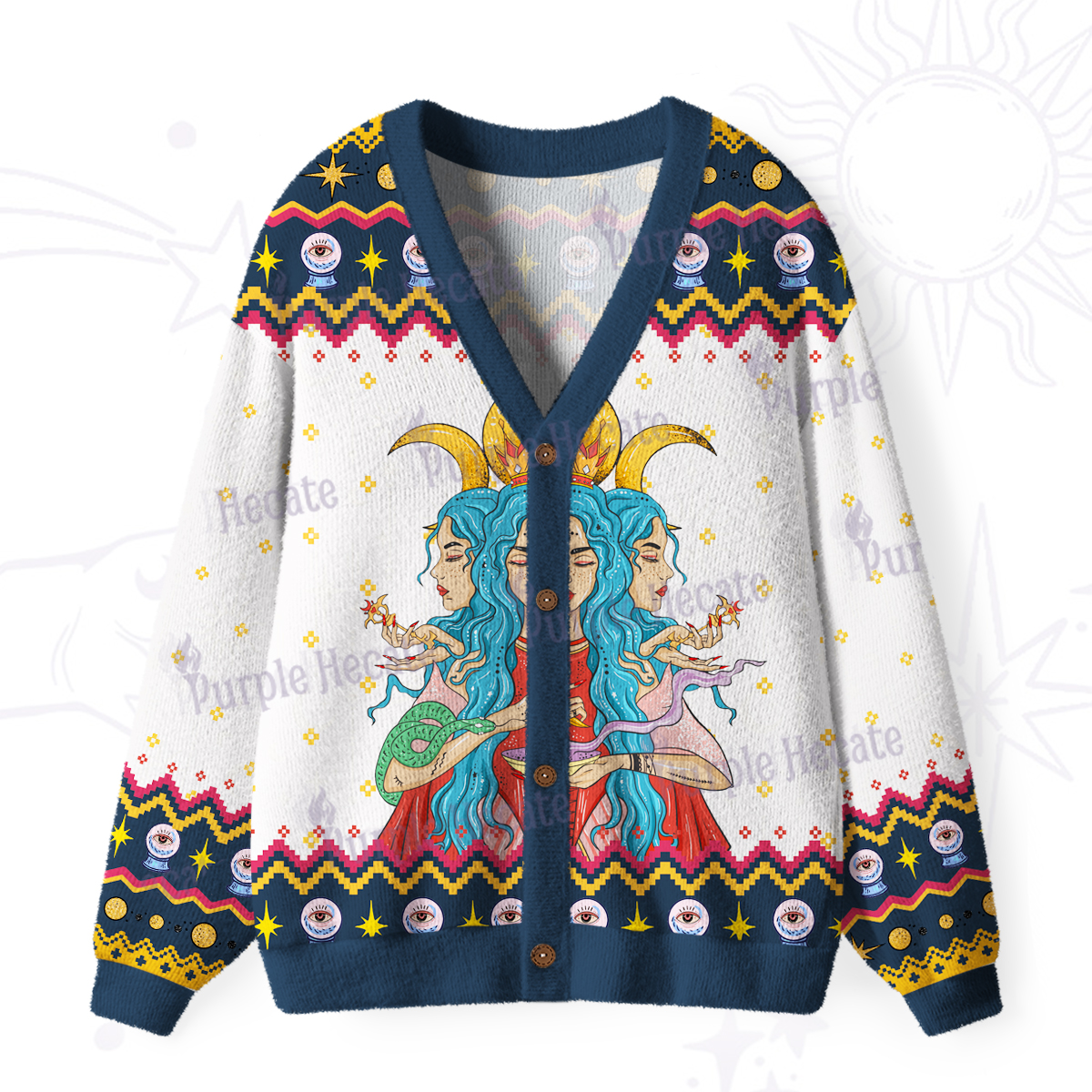 Purplehecate Triple Moon Goddess Hecate Ugly Cardigan Sweaters