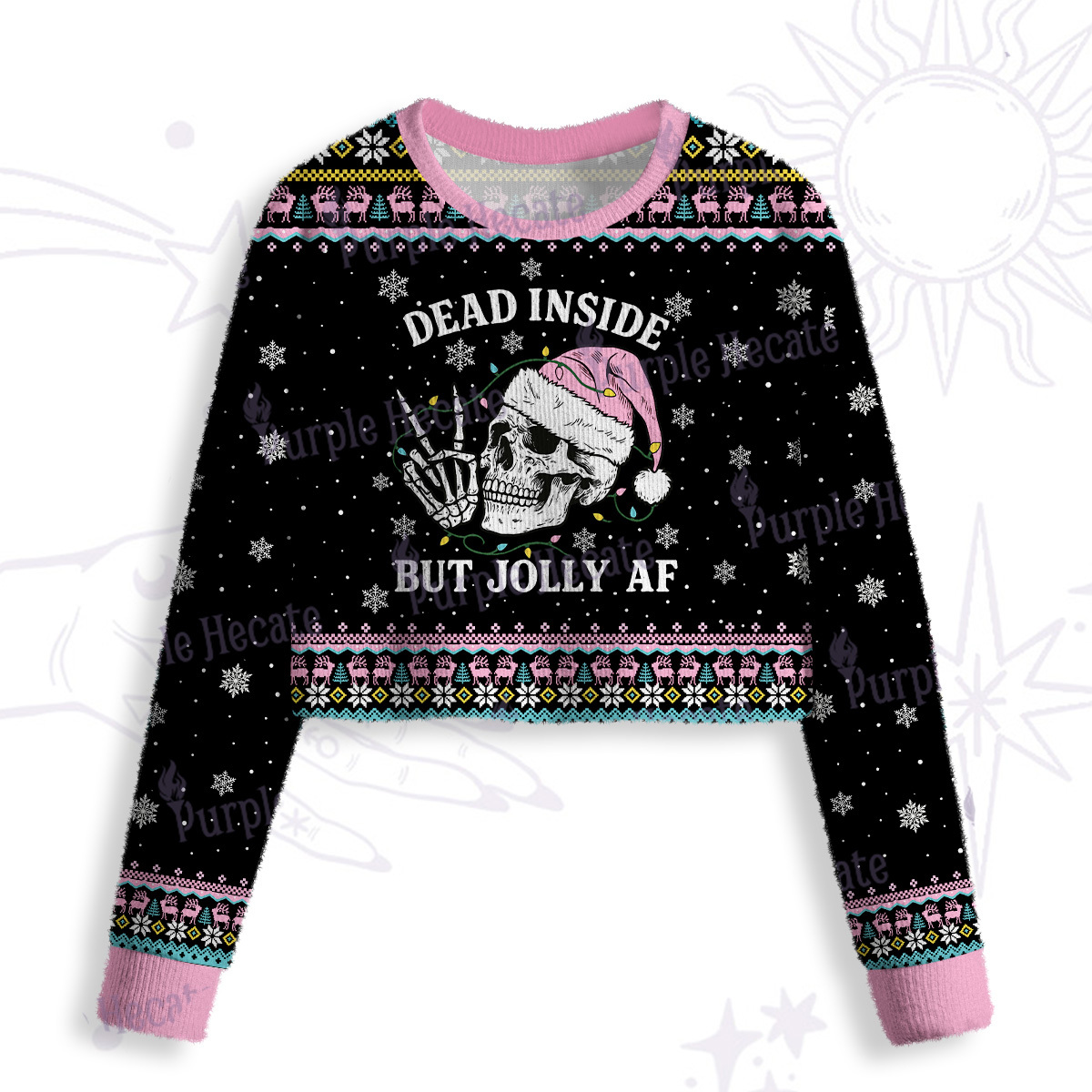 Purplehecate Dead Inside But Jolly AF Christmas Crop Fuzzy Ugly Sweatshirt