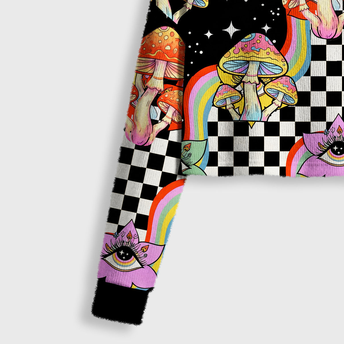 Purplehecate Trippy Rainbow Mushrooms Crop Fuzzy Ugly Sweatshirt