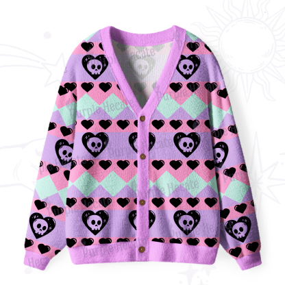 Purplehecate Sweet Yet Spooky Skull Heart Ugly Cardigan Sweaters