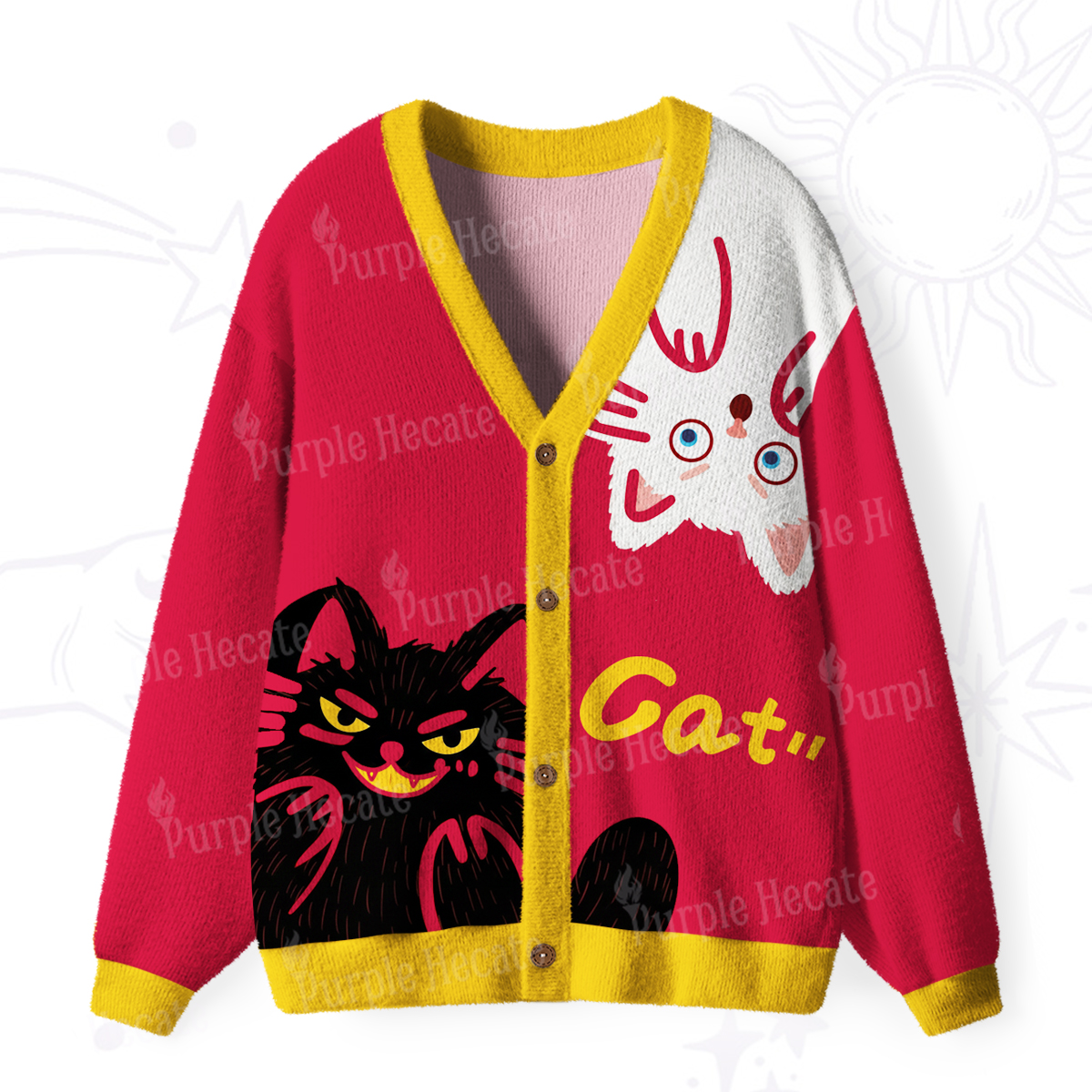 Purplehecate Mischievous Cat Lovers Ugly Cardigan Sweaters