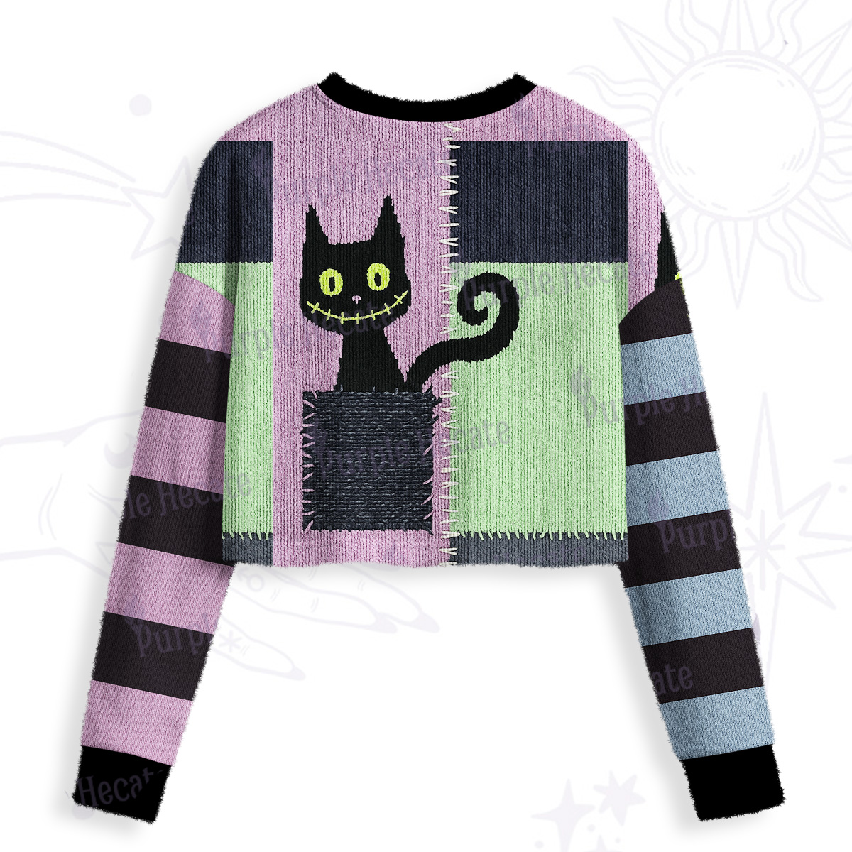 Purplehecate Monster Black Cat Crop Fuzzy Ugly Sweatshirt