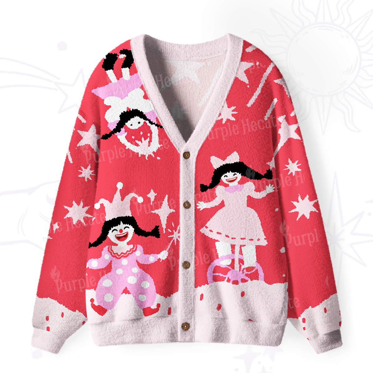 Purplehecate Whimsical Cat and Yarn Ugly Cardigan Sweaters