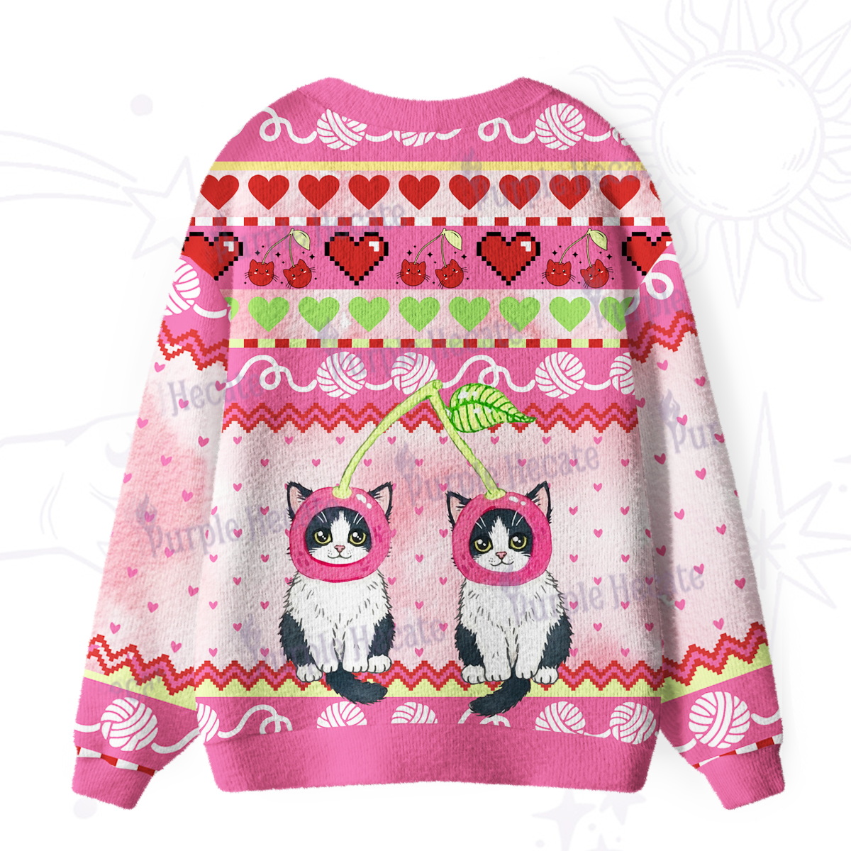 Purplehecate Sweet Cherry Cats Ugly Cardigan Sweaters