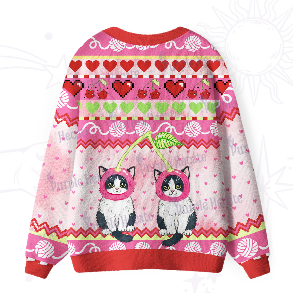 Purplehecate Sweet Cherry Cats Ugly Cardigan Sweaters