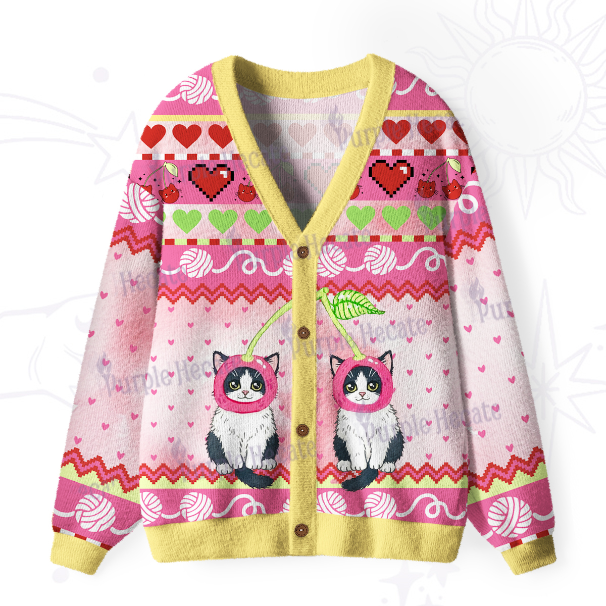 Purplehecate Sweet Cherry Cats Ugly Cardigan Sweaters