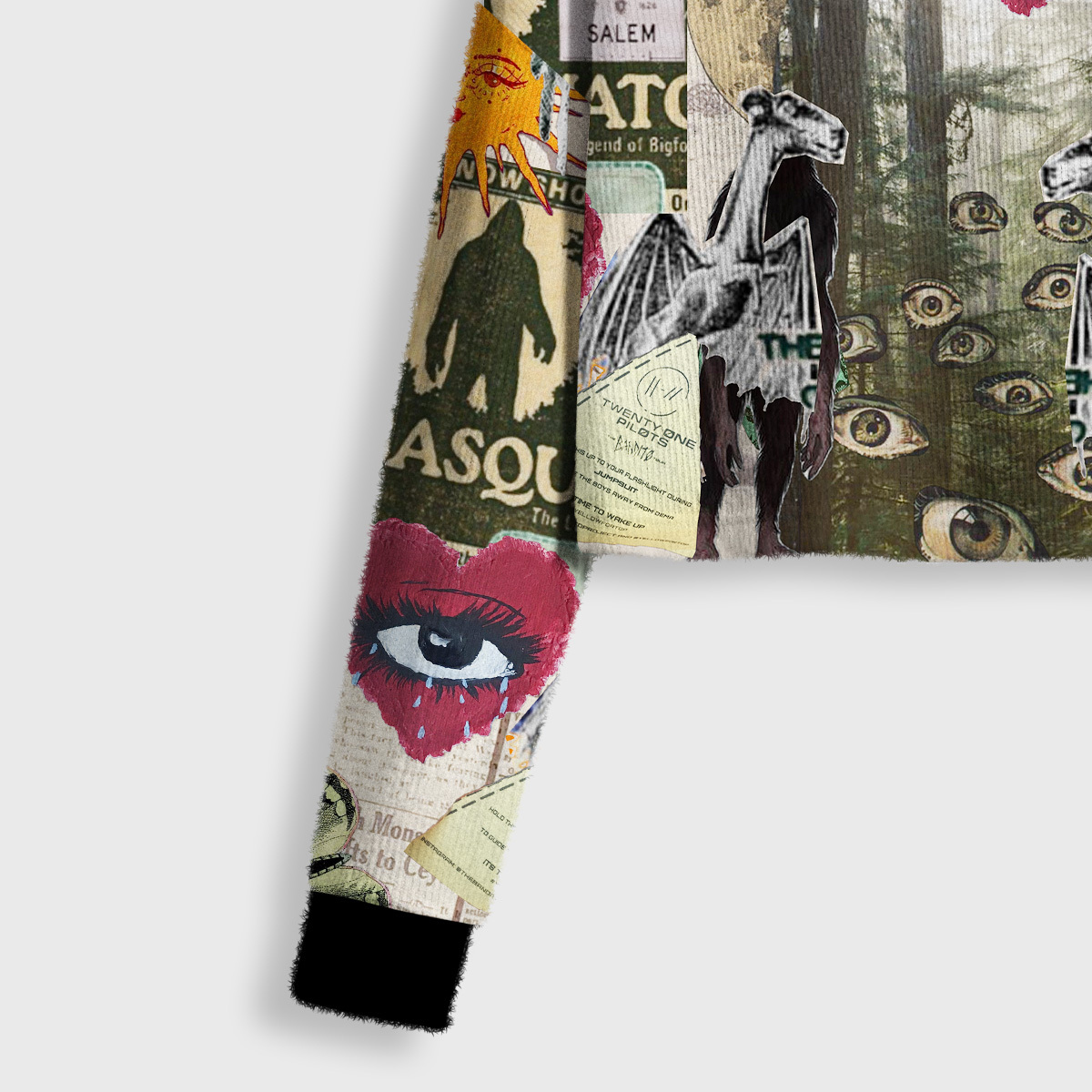 Purplehecate Cryptid Warning Collage Crop Fuzzy Ugly Sweatshirt